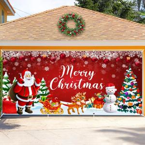 DASHAN 6x13ft Merry Christmas Garage Door Cover Xmas Santa Claus Garage Door Dcorations Banner Winter Snowflake Large Garage Door Backdrop for Outdoor Yard Patio Lawn Dcor Party Supplies (Red 16445)