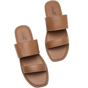 Katliu Women's Flat Sandals Two Strap Slide Sandals Open Square Toe, Brown US 7