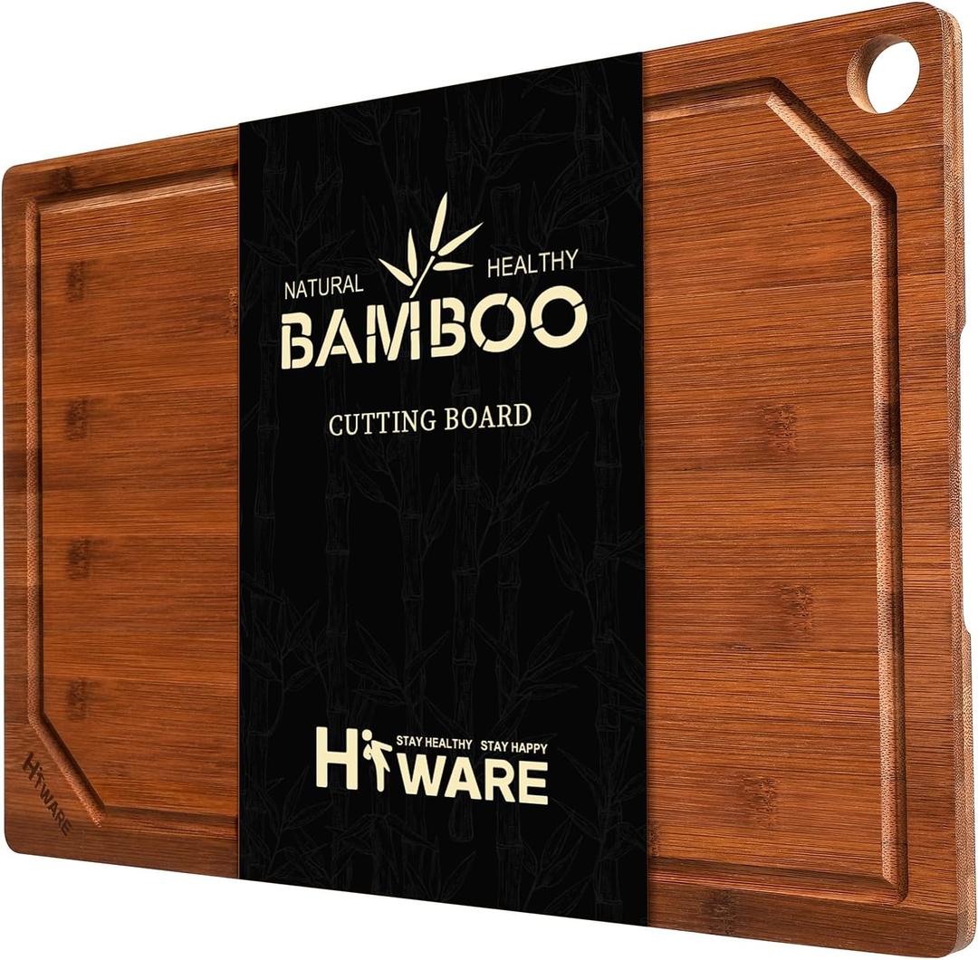 Hiware Wood Cutting Boards for Kitchen, Heavy Duty Bamboo Cutting Board with Juice Groove, Bamboo Chopping Board Set for Meat, Vegetables - 18" x 12" (Brown)