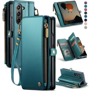 Defencase Wallet Case Compatible with Samsung Galaxy Z Fold 6 with RFID Blocking Card Holder & S Pen Holder PU Leather Magnetic Snap Flip Zipper Strap Phone Case Fit for Galaxy Z Fold 6, Blue Green