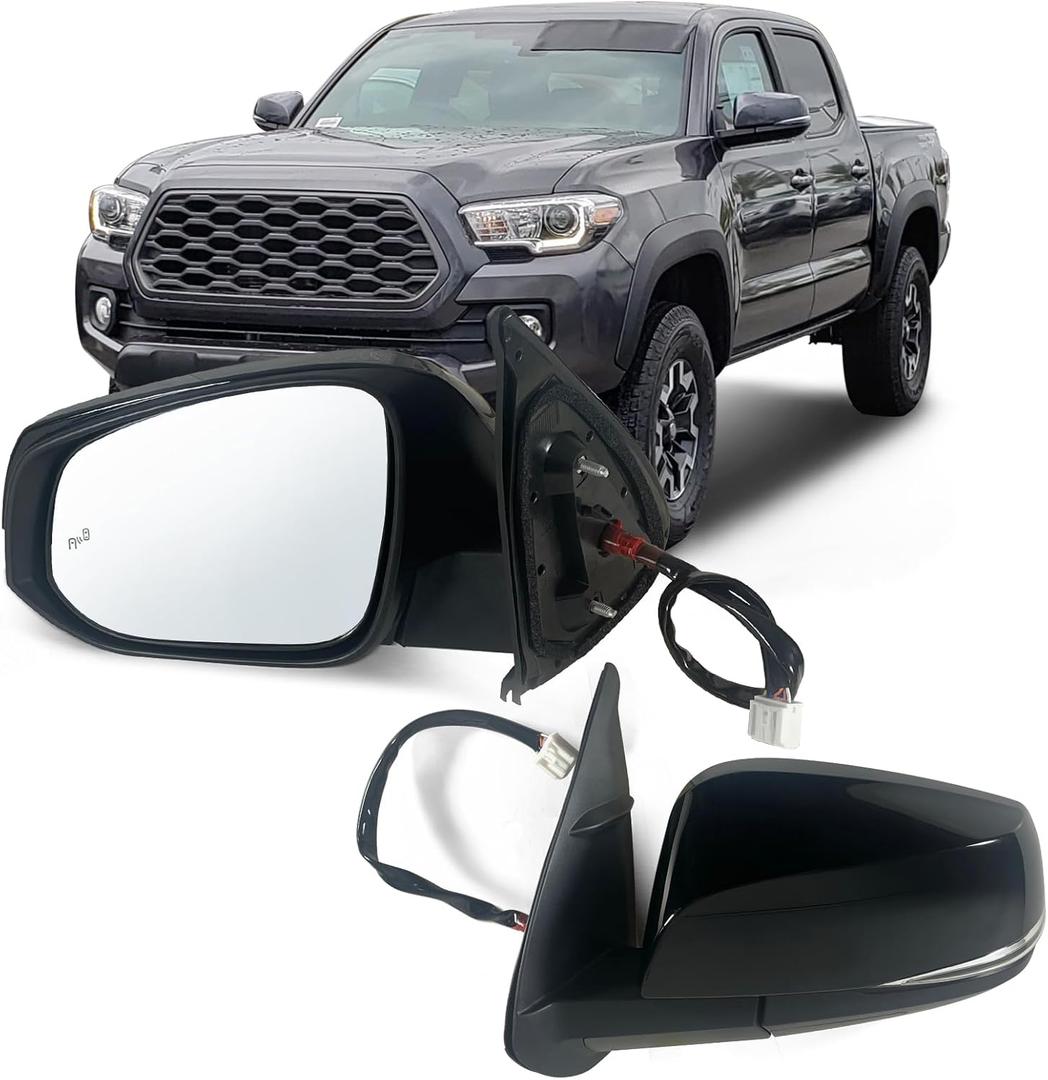 Left Driver side Mirror Fits 2016-2022 Toyota Tacoma With Power Glass, Heated, Turn Signal, Blind Spot Detection and Manual Folding Match to Midnight Black Metallic Replace TO1321350(8Pins)