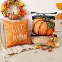 Artscope Fall Decorative Throw Pillow Covers 18x18 Inch Set of 4 Fall Gifts for Home Decor, Striped Autumn Pumpkin Maple Leaves Harvest Decoration Pillow Cases for Home Sofa Couch Decor-Orange B