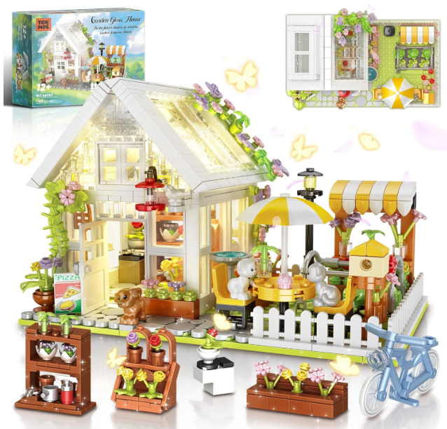 Flower House Building Block for Adults, Garden Architecture Building Toy with LED, Greenhouse Model Building Set, Garden Glass House Building Kit, Christmas & Ideal Gift for Kids 12+ (1188pcs)
