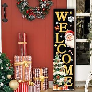Christmas Wooden Porch Sign 31.5" Santa Welcome Porch Sign with Stars, Snowflakes, and Gift Accents for Home Front Door Yard Party Decor