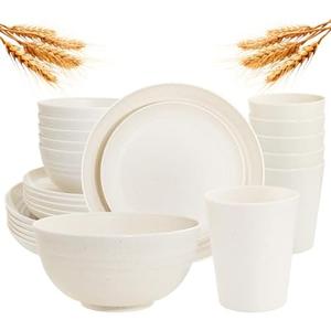 Rubtlamp Wheat Straw Dinnerware Sets, Unbreakable Reusable Plastic Wheat Straw Bowls & Plates Dinner Set, Microwave And Dishwasher Safe Plates, 24 Plates, 8Bowls, 7Cups for Party (Beige)