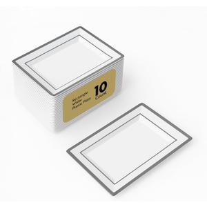 Restaurantware Moderna 12.8 x 8.3 Inch Premium Disposable Plates 10 Rectangular Plastic Plates For Parties - Silver-Rimmed Durable White Plastic Dinner Plates For Warm And Cold Foods