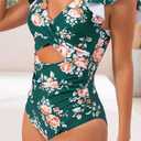 B2prity One Piece Swimsuits for Women Ruffle Sleeve V Neck Bathing Suit Tummy Control Cutout Monokini Slimming Swimwear (Green, XXL)