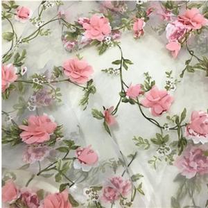 Tong Gu Lace Fabric Organza 3D Pink Chiffon Rose Floral Embroidery Wide 55 in (Pink, Length 1 m/39 in)