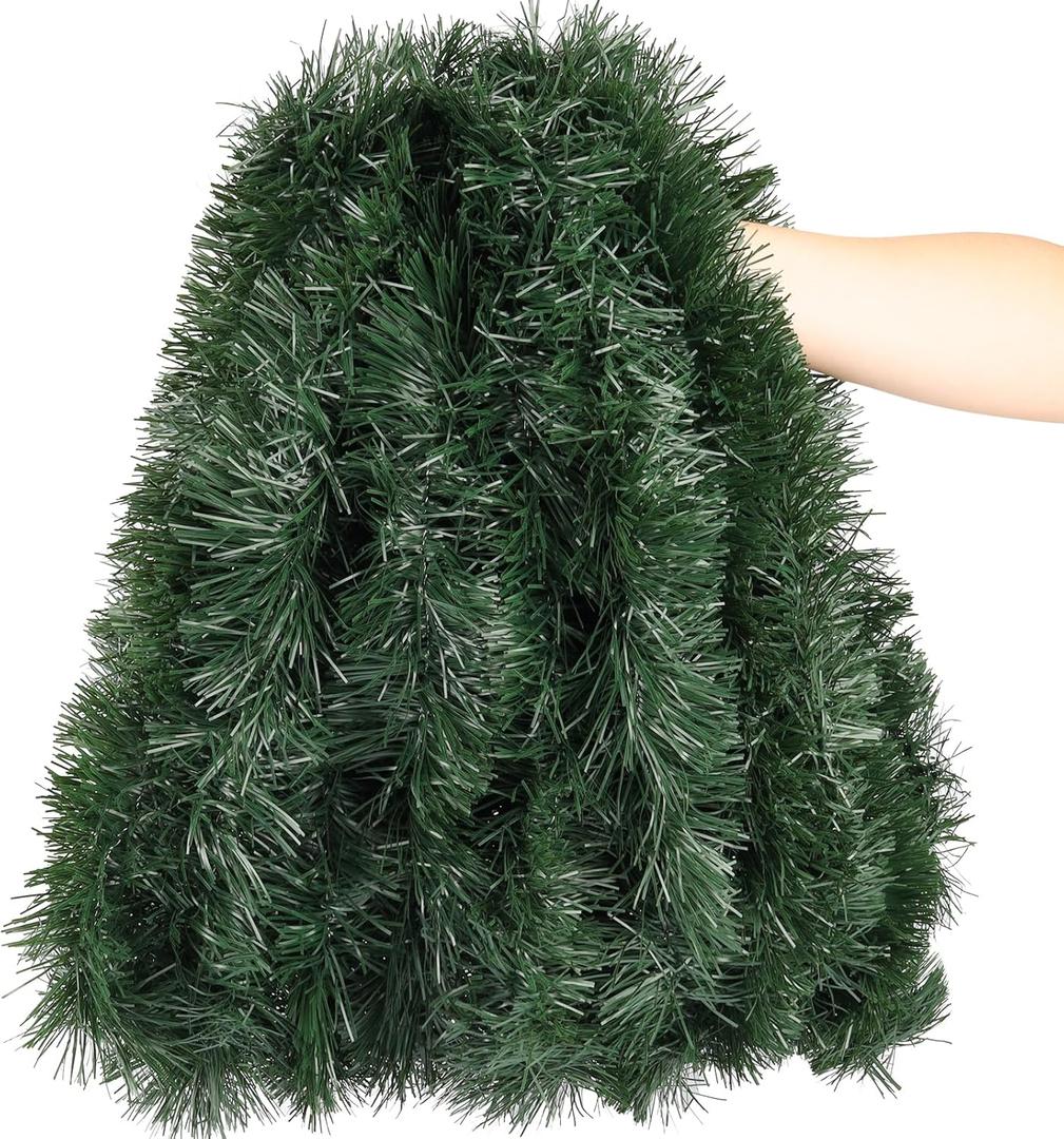 50FT Green Christmas Tinsel Garland, Artificial Greenery Garland for Tree Decorations, Faux PVC Soft Metallic Tinsel Twist Garlands for Xmas Home Indoor Decor