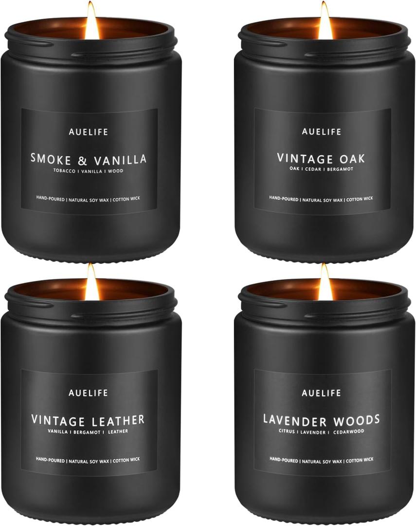 4 x Scented Candles Set | Men Candle Set, Scented Candles for Home, Gifts for Men Aromatherapy Gift Set - 4 Pack Manly Gifts for Dad Fathers Day, Soy Candle of Leather/Smoke & Vanilla/Oak/Lavender