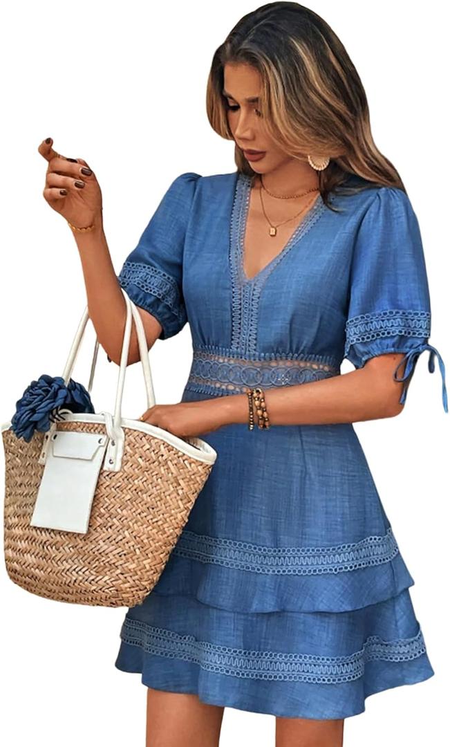 SOLY HUX Women's Summer Dress Hollow Out Lace V Neck Puff Short Sleeve A Line Layered Short Dresses (Blue, L)