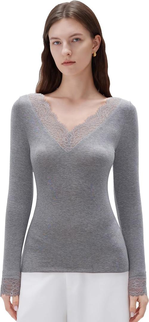 SUUKSESS Cloud Cashmere Women Basic Tops V Neck Boat Neck Lace Long Sleeve Shirt (Large, Grey)
