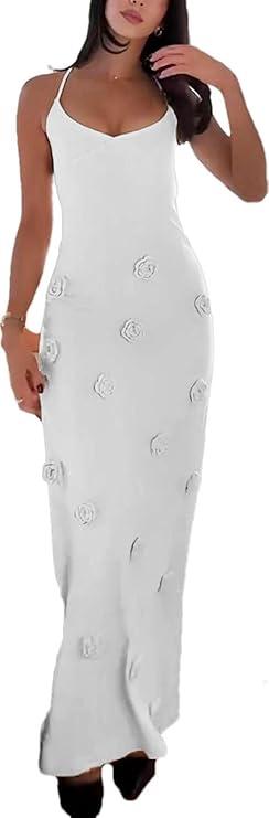 Women's Knit Maxi Dress Spaghetti Strap Floral Dresses Bodycon Knitted Beach Long Dress Backless Swim Cover up Dresses, Whit
