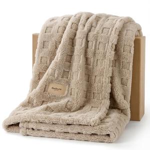 Bedsure Waffle Couch Throw Blanket - GentleSoft Fleece Cozy Blanket for Sofa Bed Room Decor, Super Fluffy Checkered Throw for Women Girls, Warm Cute All Season Gift, Tan, 50x60 Inches