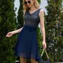 Dressystar 2026 Women's V Neck Short Sequin Prom Dress Glitter A-line Swing Cocktail Party Dresses Knee Length Navy S (S)