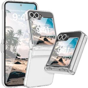 FABSPARK Case for Samsung Galaxy Z Flip 6 Built-in Screen Protector,Hinge Protection,Crystal Clear Transparent Anti-Yellow Slim Fit Acrylic Hard PC for Samsung Z Flip 6 Case,Clear