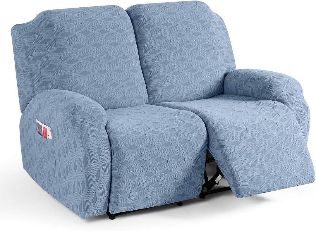 TAOCOCO Recliner Loveseat Cover Oversized, Stretch Jacquard Reclining Loveseat Cover for 2 Seat Extra Large Sofas Recliner Covers with Elastic Bottom for Kids, Pets (Light Blue)