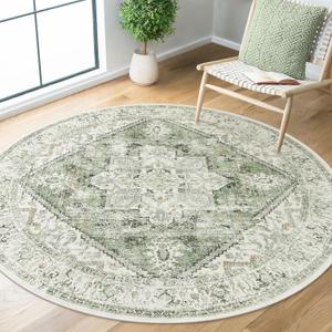 LIVEBOX Medallion Round Area Rug 5ft, Vintage Washable Sage Green Circle Rug for Bedroom, Low-Pile Soft Round Carpet for Living Room, Ideal for High Traffic Areas in Entryway