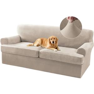 T Cushion Sofa Slipcover 3 Piece Sofa Covers for 2 Large Cushion Couch Thick Velvet Couch Cover Stretch Furniture Covers with 2 Individual T Cushion Covers, Washable (2 Cushion Sofa, French Oak)