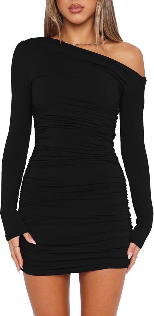 Mokoru Women's Sexy Elegant Off Shoulder Long Sleeve Ruched Bodycon Cocktail Party Mini Dresses (X-Large, Black)