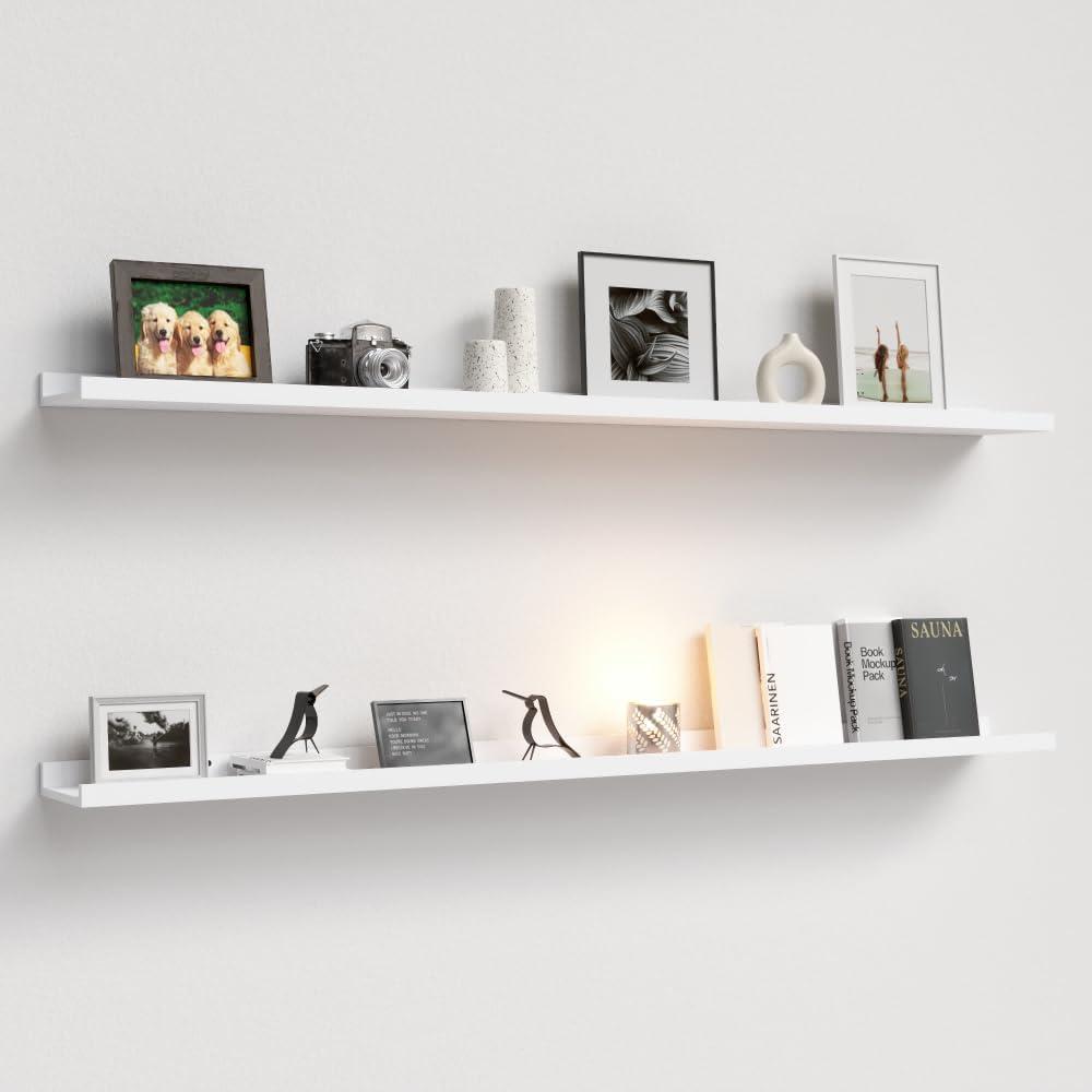 55.1 Inches Long Floating Shelves Wall Mounted, 2 Set Rustic Wall Shelf for Bedroom, Nursery Book Shelf with Lip, Picture Ledge Shelf for Wall Decor Living Room Bathroom Kitchen - White