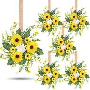 6 Pcs Sunflower Wreath for Front Door Artificial Sunflower Spring Summer Swag Wreath Fake Yellow Floral Candle Rings Wreaths for Pillars Cabinets Window Home Wall Décor