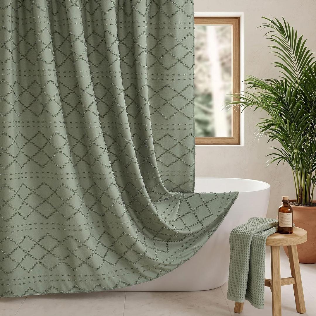 Siiluminisoy Extra Long Sage Green Boho Shower Curtain Woven Fabric Cute Shower Curtain, 72 x 78 Tufted Chevron Textured Striped Modern Farmhouse Minimalist Cloth Shower Curtains for Bathroom