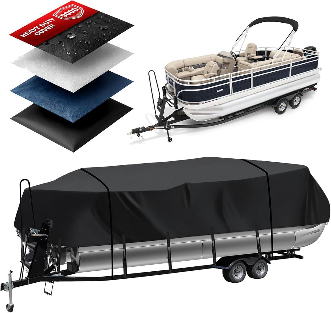 Heavy Duty 900D Pontoon Boat Cover, 20'2''-22' Marine Grade Waterproof Cover with Adjustable Windproof Tightening Strap & Anti-UV for SunTracker Party Barge/SPORTFISH/Fishing Barge