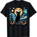 Halloween Starry Night Black Cat Van Gogh Halloween Cat T-Shirt for Men Women Kids L