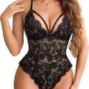 Avidlove Teddy Lingerie for Women Sexy One Piece Bodysuit Lace Deep V Babydoll with Satin Bow Tie (Black, L)