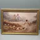 Vintage Gold Framed Farmhouse Wall Art Retro Country Farm Girl with Chicken Canvas Wall Decor Rustic Pastoral Scenery Painting Picture Artwork for Living Room Bedroom Home Decor