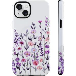 Magnetic for iPhone 14 Plus Case [Compatible with Magsafe] Colorful Floral Flower Pattern Design, Full Body 2 in 1 Shockproof Scratch Resistant Protective Cover for Women Girl (White)