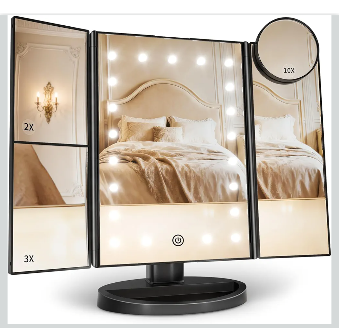 HUONUL Makeup Mirror, Vanity Mirror with Lights, 2X/3X/10X Magnification, Touch Control, Trifold, Dual Power Supply, Valentines Day Gifts for Her,Gifts for Women, Wife, Mom, Girls,Dorm Room Essentials