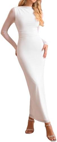 XinFSh Women's Spring Long Sleeve Wedding Guest Maxi Dress Mesh Ruched Bodycon Formal Cocktail Dresses, XL, White
