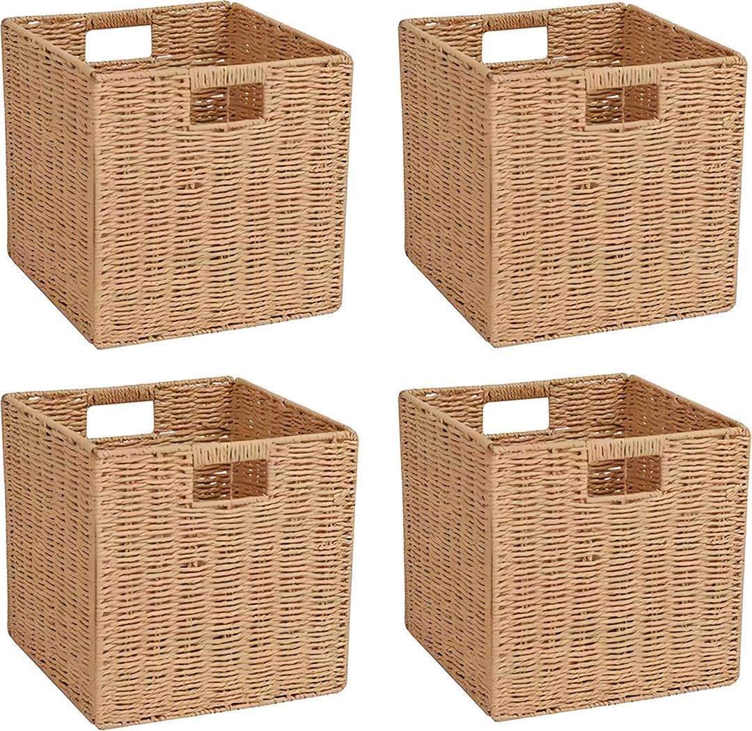 Foldable Wicker Storage Baskets,Paper Rope Square Storage Cubes,Wicker Basket for Organizing Shelves Living Room Bedroom Pantry, Set of 4 Baskets,11''x11''x11''