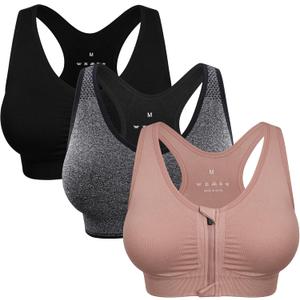 Women's Zip Front Sports Bra Wireless Post-Surgery Bra Active Yoga Sports Bras (Black, L)