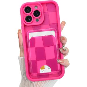 KANGHAR Compatible with iPhone 14 Pro Case, Wallet Silicone Checkered Cute Pattern, Card Holder Camera Protection Soft Slim Shockproof Edge Phone Cover for Girls Women -Hot Pink