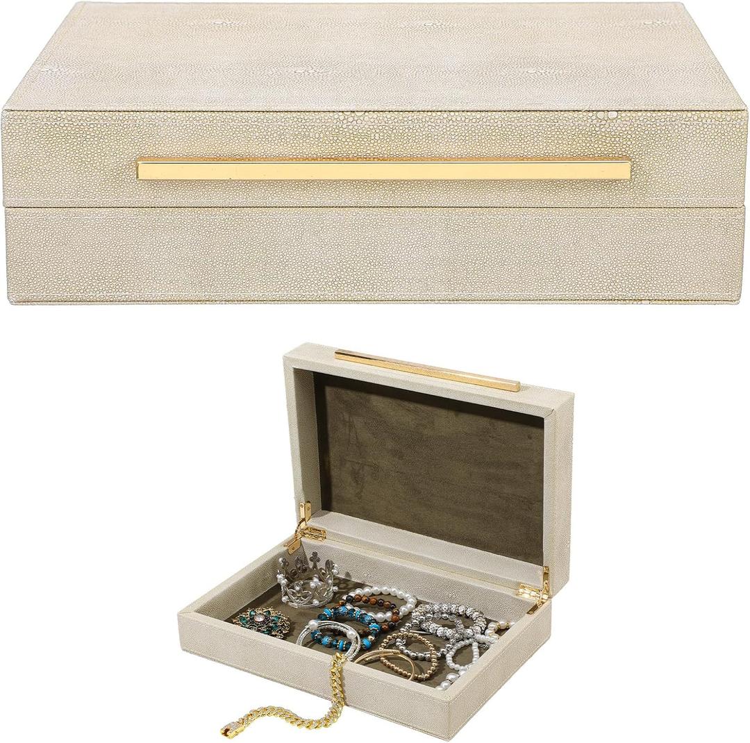 Decorative Boxes with Lids Ivory Shagreen Faux Leather Keepsake Box for Jewelry Organizer Modern Home Decor Decorative Storage Boxes Set of 1 Handcrafted Wood PU Leather and Velvet Lined