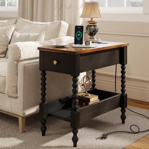YOSHOOT Farmhouse End Table with Charging Station - Narrow Side Table for Living Room Bedroom Small Space, Wood Nightstand with Drawer and Power Outlets, Black (23.6"d X 17.7"w X 23.6"h)