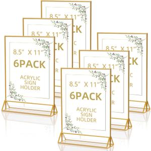 Acrylic Sign Holder 8.5x11 Double Sided Flyer Holder Table Menu Display Stand for Wedding Table Number (6pcs) (Gold)