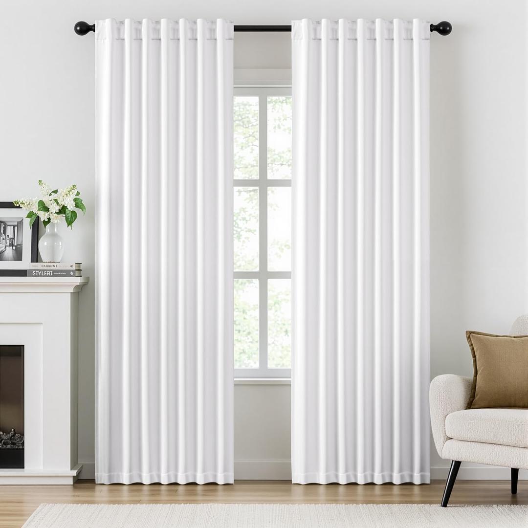ANRODUO Rod Pocket and Back Tab Pleated Blackout Curtains with Hooks, Rings, White Curtains 84 Inches Long 2 Panels, Thermal Insulated Room Darkening Living Room Bedroom Curtain, 42x84 Inches