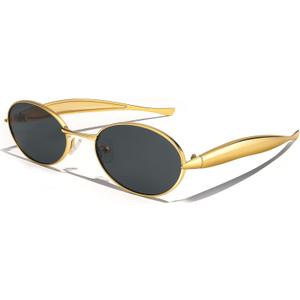 Dollger Retro Oval Sunglasses for Women Men Vintage Trendy 90s Gold Metal Frame Sun Glasses UV400 Protection Black Shades