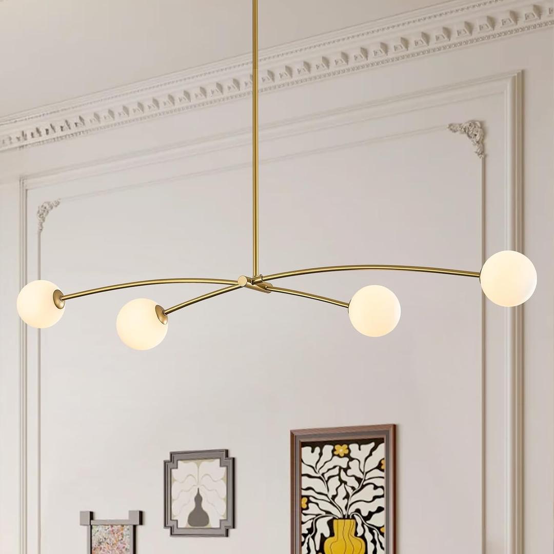 Modern Gold Sputnik Chandelier L51 Mid Century 4 Lights Milk Glass Globe Ceiling Pendant Light Fixture Contemporary for Kitchen Island Dining Room Bar Bedroom Home Office, Long- 51