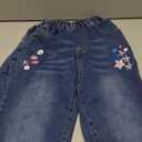 KIDSCOOL SPACE Girls Jeans, Ribbed Elastic Waist Embroidered Denim Pants (10-12 Years, Blue-2125)