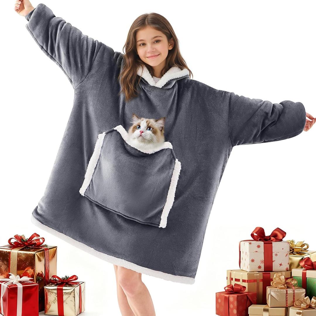 JOYWOO Wearable Blanket Hoodie,Oversized Cat Lovers Sweatshirt Blanket for Adult & Teens,Birthday Valentines Day Gifts for Teen Girls Boys Women 8-12,Cozy Sherpa Blanket Giant Pocket Gifts,Grey Small