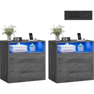 VASAGLE Custos Collection - Set of 2, 23.6 Inch Wide Nightstands with Charging Station, LED Lights, Modern Night Stands, Side End Tables with Drawers, Open Shelf, 2 AC Outlets USB Ports, Misty Gray