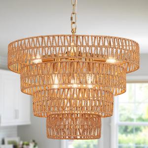 19.7" Hand-Woven Rattan Chandelier - 6-Light Vintage Farmhouse Boho Bamboo Drum Wicker Golden Chandelier for Dining Room, Kitchen, Bedroom, E12