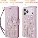 UEEBAI Wallet Case for iPhone 17 Pro Max, PU Leather Phone Cover Kickstand RFID Blocking Flip Case Card Slots Wrist Strap Relief Engraved Pattern Magnetic Closure Flower Folio Wallet, Lavender