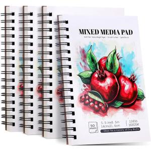 4 Pack Mixed Media Sketchbook, 5.5x8.5 inches Drawing Paper Sketch Book, 98lb/ 160gsm Heavyweight Spiral Bound Sketch Pads, Suitable for Wet and Dry Media, Drawing, Painting, Sketching(200 Sheets)