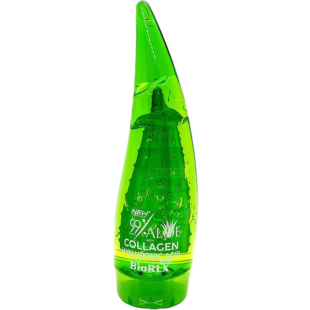 BioRLX 99% Aloe Vera Gel with Collagen and Hyaluronic Acid 250 Ml 8.5 Fl Oz - For Face Body, Hair & Scalp, After Sun Relief, Natural, Soothing, Hydrating